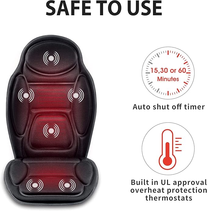 Snailax Massage Seat Cushion - Back Massager with Heat, 6 Vibration Massage Nodes & 2 Heat Levels, Massage Chair Pad for Home Office Chair，Black