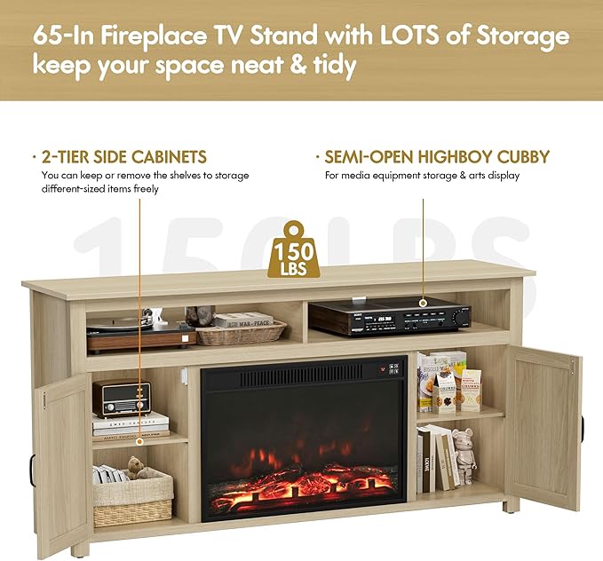 YESHOMY Fireplace TV Stand for Television up to 65+ Inch with Storage and Farmhouse Barn Doors, Entertainment Center with Cabinet and Shelves, Media Console for Living Room, Oak