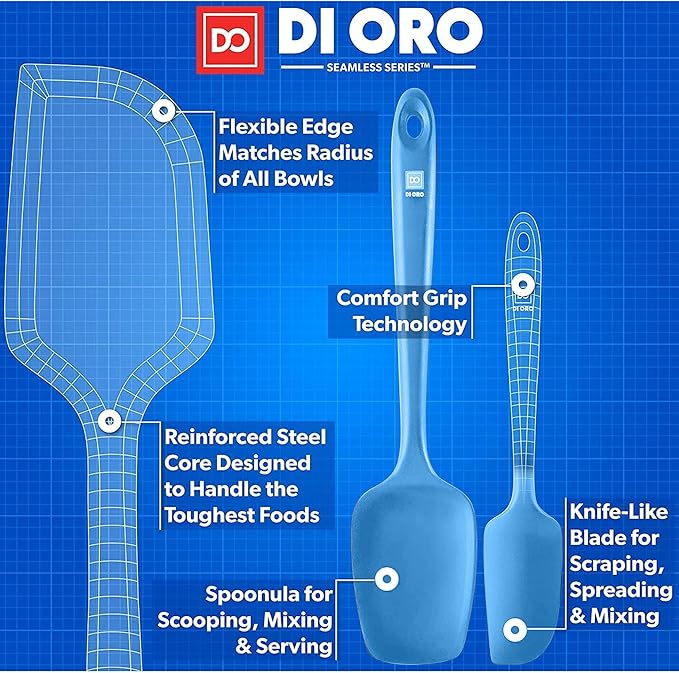 DI ORO Silicone Spatula Set - Rubber Kitchen Spatulas for Baking, Cooking, & Mixing - 600°F Heat-Resistant & BPA Free Silicone Scraper Spatulas for Nonstick Cookware - Dishwasher Safe (5pc, Blue)