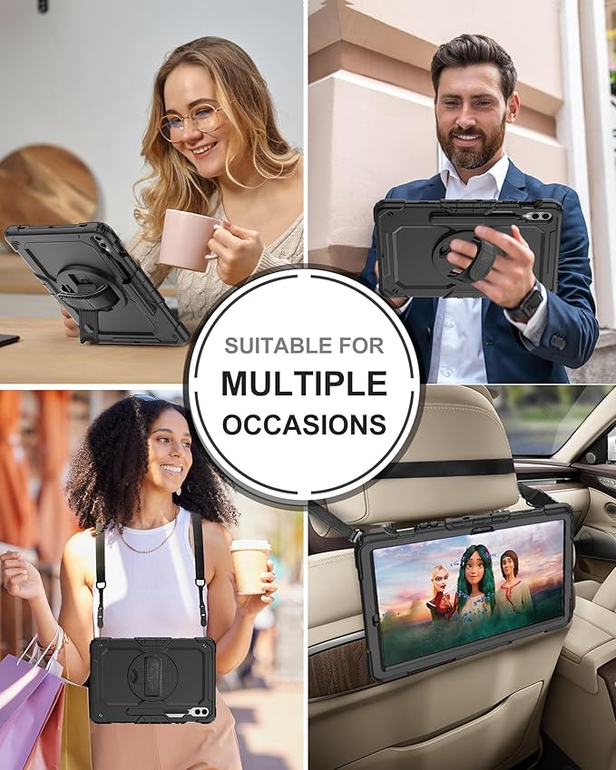 Case for Samsung Galaxy Tab S10 Plus/ S9 FE Plus/ S9 Plus 5G Tablet Case 12.4 inch [with Tempered Glass Screen Protector], Rotatable Kickstand, S Pen Holder, Hand/Shoulder Strap (Black)