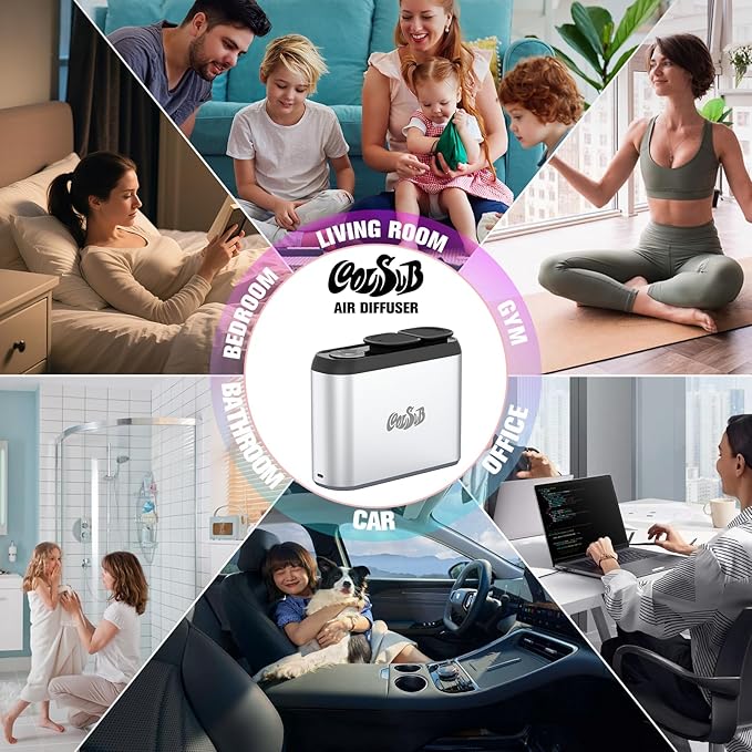 Smart Aroma Diffuser, Dual-Nozzle Waterless Essential Oil Diffuser with Cool Mist, Super Silent Aromatherapy Essential Oil Diffuser Battery Operated for Car, Home, Office Silver