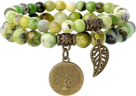 Bivei Natural Semi Precious Gemstone beads bracelet for women - Life Tree and Leaf Charm Energy Reiki Crystal Stretch Bracelets