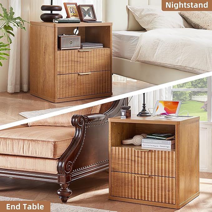 LEYAOYAO Fluted Farmhouse Nightstand Set of 2 with Charging Station, 23" Wide 2 Drawers End Table,Brown Dresser for Bedroom,Bed Side Table Chest of Drawers Cabinet,Wood Night Stand for Living Room
