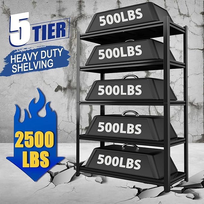 2500LBS Garage Shelving Units and Storage, Heavy Duty Shelf Rack, 5 Tier Shelves for Garage Storage, Metal Adjustable Shelf for Basement, Warehouse and Supermarket