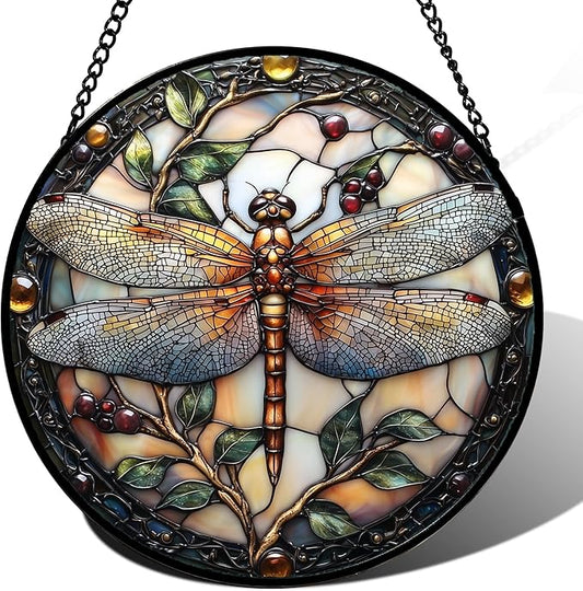 Stained Glass Window Hanging - Dragonfly Plant Suncatcher Ready to Hang Window Doors Home Decoration, Christmas, Mother's Day Birthday Gifts for Women, Men, and Mom 14.9x14.9 in