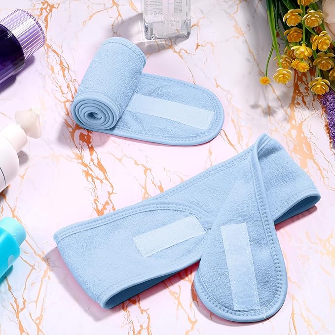 Hoteam 30 Pack Spa Headband Facial Esthetician Hair Wrap for Women Adjustable Makeup Sports Shower Stretch Towel with Tape(Blue)