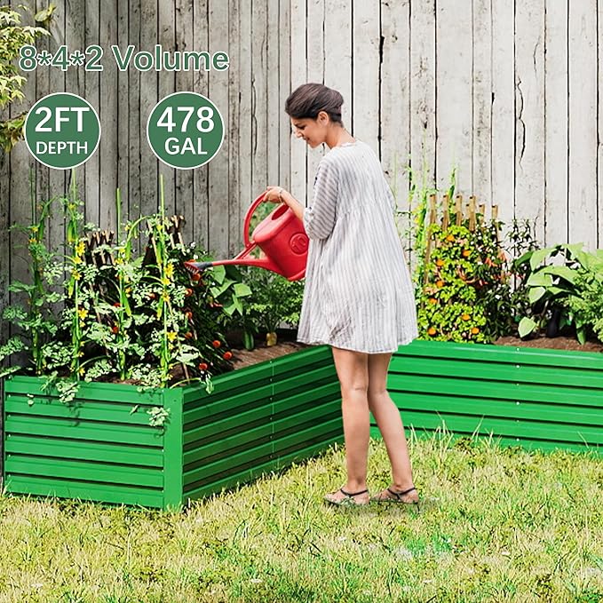 FOOWIN 2pcs 8x4x2ft Galvanized Raised Garden Bed, Planter Raised Garden Boxes Outdoor, Large Metal Raised Beds for Gardening, Garden Bed for Vegetables, Flowers, Herb,478 Gallon Capacity, Green