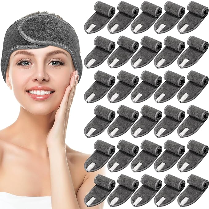 Hoteam 30 Pack Spa Headband Facial Esthetician Hair Wrap for Women Adjustable Makeup Sports Shower Stretch Towel with Tape(Silver Gray)