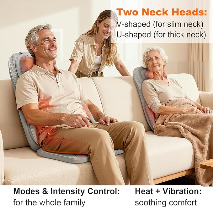 4D Shiatsu Neck Back Massage Cushion w/Heat for Pain Relief - Kneading Back Massager w/Vibration & Dual Necks Head for Relieves Muscle Stiffness from Long Sitting for Office Home Use, Brown
