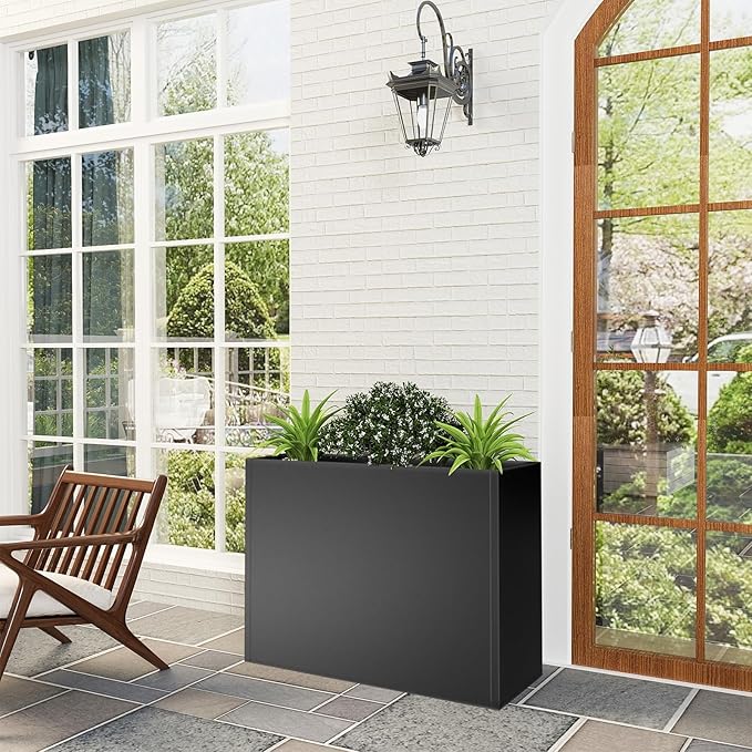 Tall Metal Planter Box for Outdoor Plants 36"L x 12"W x 26"H, Heavy Duty Steel Large Rectangular Planter Box with Removable Insert Shelf, Modern Décor for Tall Plants, Trees, Flowers (Black)