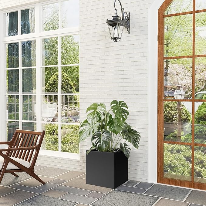 Tall Metal Planter Box for Outdoor Plants 20" L x 20" W x 20" H, Heavy Duty Steel Rectangular Planter Box with Removable Insert Shelf, Modern Décor for Outside, Indoor, Garden (Black)