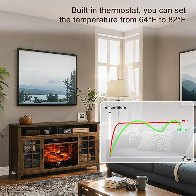 55" Rustic Fireplace TV Stand with 23" Fireplace Heater, Media Entertainment Center for TV up to 65", Open Storage Shelves, Cabinet Console Table, Reclaimed Barnwood