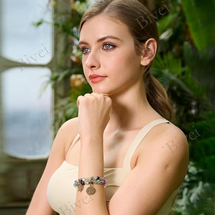 Bivei Natural Semi Precious Gemstone beads bracelet for women - Life Tree and Leaf Charm Energy Reiki Crystal Stretch Bracelets