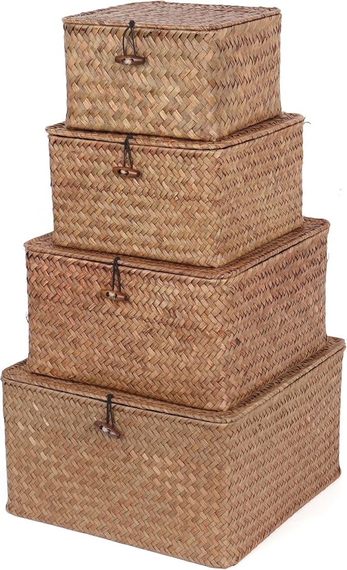 Wicker Shelf Baskets with Lid, Handwoven Seagrass Storage Basket Bins Square Gift Boxes for Shelves Home Decor Organizer (Coffee, Small)