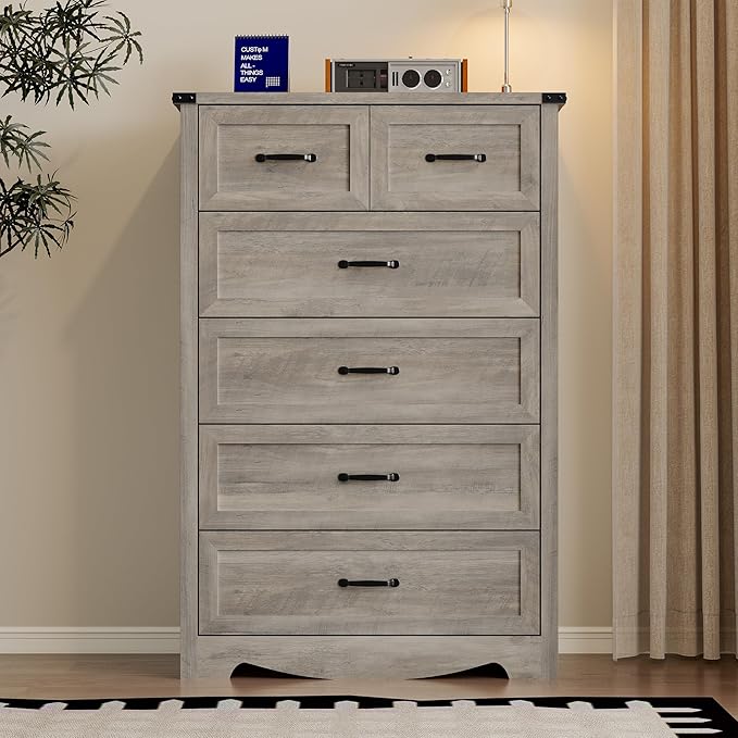 Tall 6-Drawer Dresser for Bedroom, Modern Wooden Chest of Drawers with Metal Handles, Anti-Tipping Design, Sturdy and Stable Storage Organizer for Living Room, Entryway, Home Office