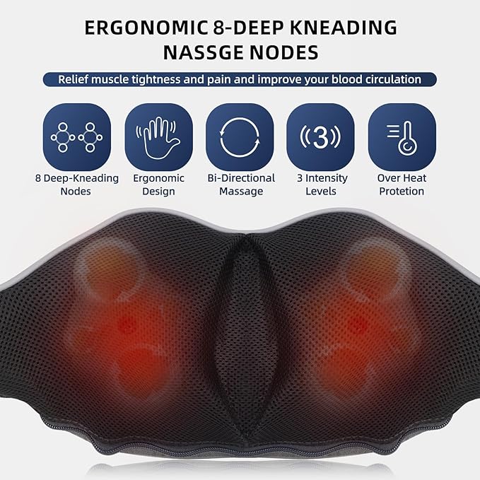 Cordless Shiatsu Neck Massager for Pain Relief Deep Tissue with Heat, 3D Kneading Massage Pillow Back Shoulder Massagerfor Body Muscle, Plug-in Use for Home Office Car, Gifts for Mom Dad Him
