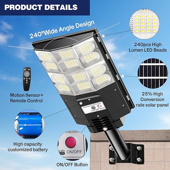 7000W Solar Flood Lights Outdoor [25000LM Super Bright] with Motion Sensor, IP66 Waterproof Security Lights for Driveway, Backyard, Garden, Garage - Wireless Solar Powered for Home & Commercial