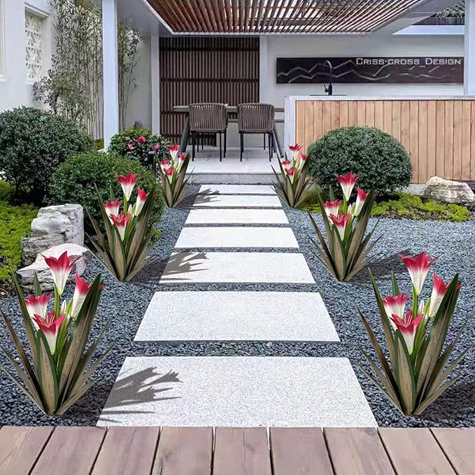 Homight Metal Agave Plant Outdoor Decoration Lily Mexican Yard Art Garden Gift - 3 Big Red Lilies