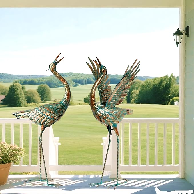 chisheen Crane Garden Statues Outdoor Metal Heron Yard Art Crane for Garden Sculptures Patio Lawn Ornaments,Set of 2