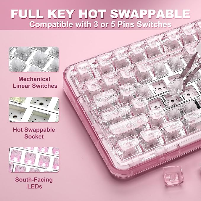 YUNZII X98 QMK/VIA Wireless Mechanical Gaming Keyboard with Knob,Tri-Mode BT5.0/USB-C/2.4GHz Hot Swappable Keyboard,Pre-lubed Switches Gasket Mount RGB Backlit for Wins/Mac (Pink, Snow Switch)