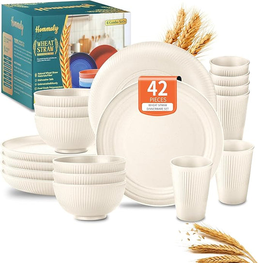 Wheat Straw Dinnerware Sets,42-Piece Beige Plates and Bowls Sets for 6-Unbreakable,Reusable Plastic Dish Set-Dinner Plate/Cereal Bowl/Cup/Utensils-Microwavable Dishwasher Safe 42P-Beige