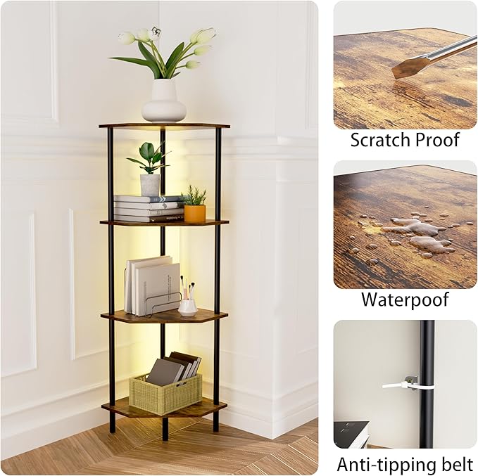 Corner Shelf Stand, Storage Standing Shelf Unit with Metal Frame, Narrow Bookshelf with LED Light Brown Plant Display Stand, Multi Unit Organizer Corner Cabinet for Bedroom, Living Room (4 Tier)