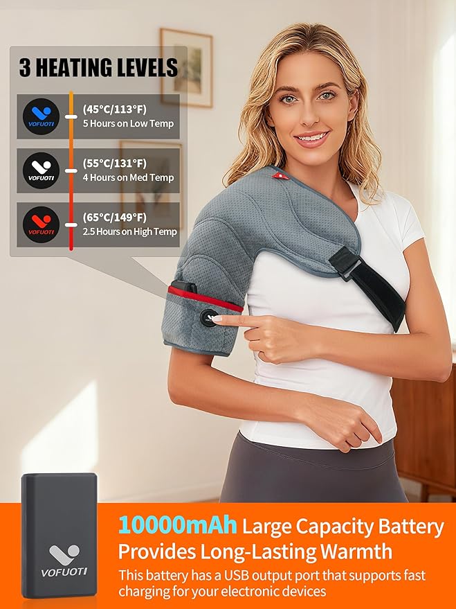 Vofuoti Shoulder Heating Pad, Portable Heated Shoulder Brace with Battery and 3 Heat Settings, Cordless Heated Shouldre Wrap for Women Men