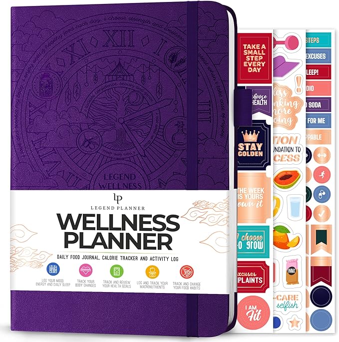 Legend Wellness Planner & Food Journal – Daily Diet & Health Journal with Weight Loss, Measurement & Exercise Trackers – Lifestyle & Nutrition Diary – Lasts 6 Months, A5 size – Purple
