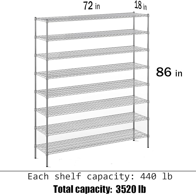18" Deep x 72" Wide x 86" Height Wire Shelving Kit | 8-Tier | NSF Commercial Storage Rack Unit