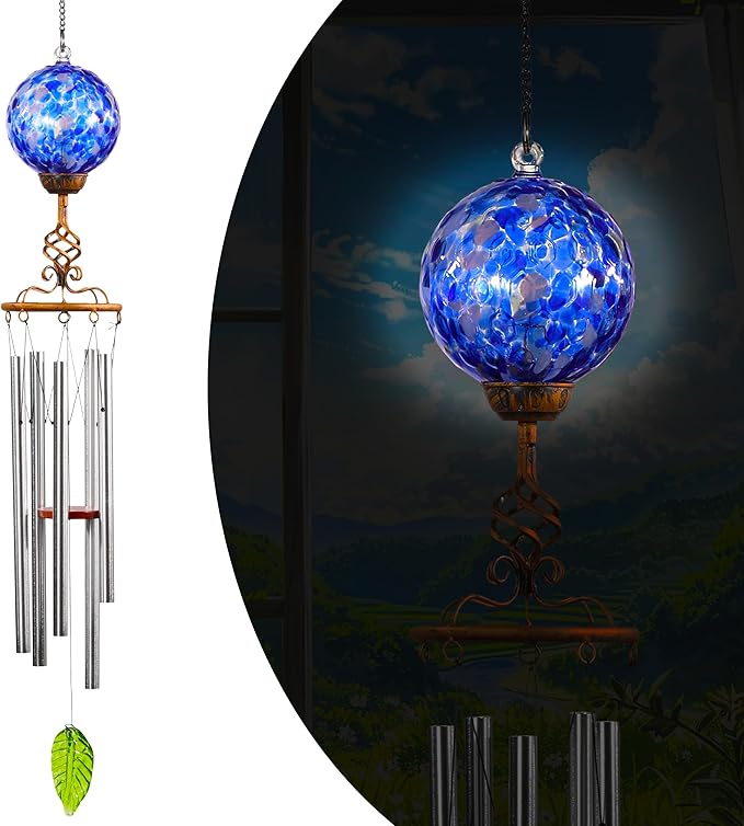 Wind Chimes, Solar LED Outdoor Garden Lighting, Dark Blue Glass and Metal Wind Chime Lawn and Yard Decoration with Bronze Metal Finial, 5 x 46.5 Inch