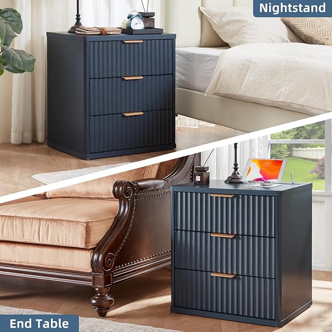 LEYAOYAO 23" Wide Fluted Night Stand with Charging Station, 3 Drawers Large End Table with Storage,Nightstand Wood Bedside Tables, Farmhouse Cabinet Dresser for Bedroom,Closet, Navy Blue