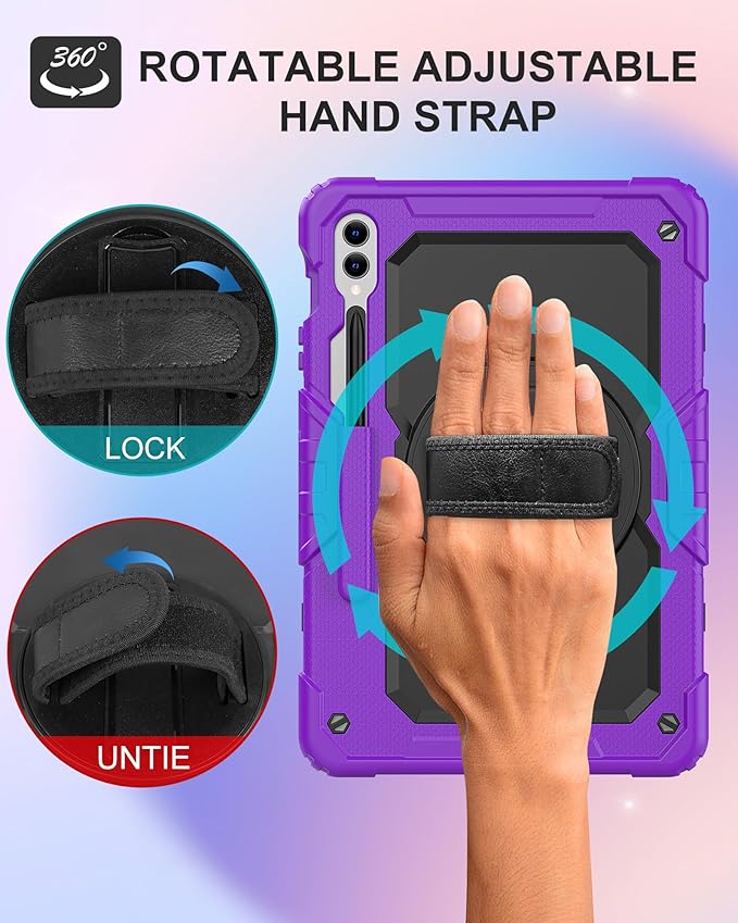 Case for Samsung Galaxy Tab S10 Plus/ S9 FE Plus/ S9 Plus 12.4" Tablet Case with Tempered Glass Screen Protector, Rotating Kickstand, S Pen Holder, Hand & Shoulder Strap (Purple)
