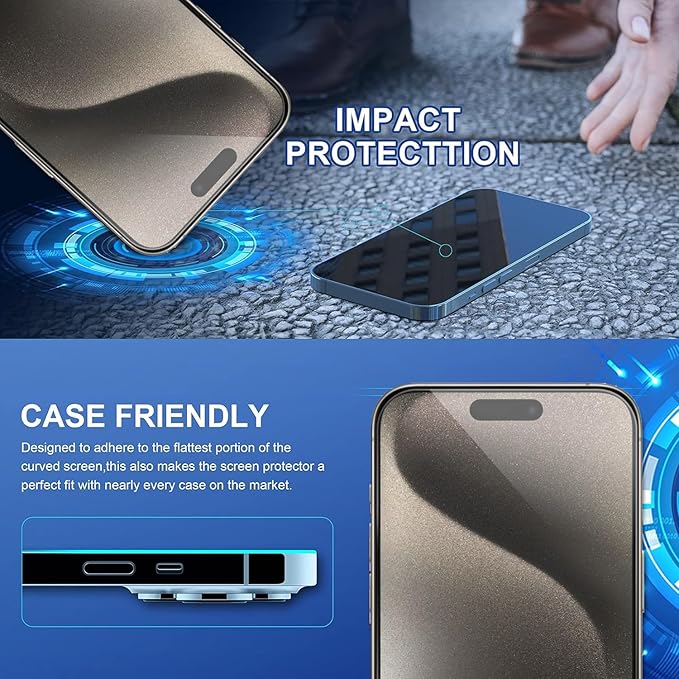 ImpactStrong Shatterproof Tempered Glass Screen Protector for iPhone 15 / iPhone 16 [Easy Installation Frame] [Bubble Free] [9H Hardness] [Full Coverage] Case Friendly, 6.1 Inch - (3-Pack)
