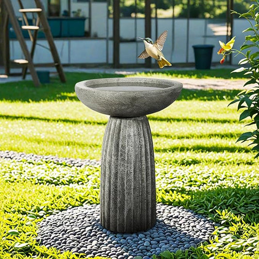 SunJet Modern Bird Bath, 24.4inches Height Fibre-Reinforced Concrete Birdbath with Textured Pedestal for Outdoor Garden, Yard, Lawn Decor
