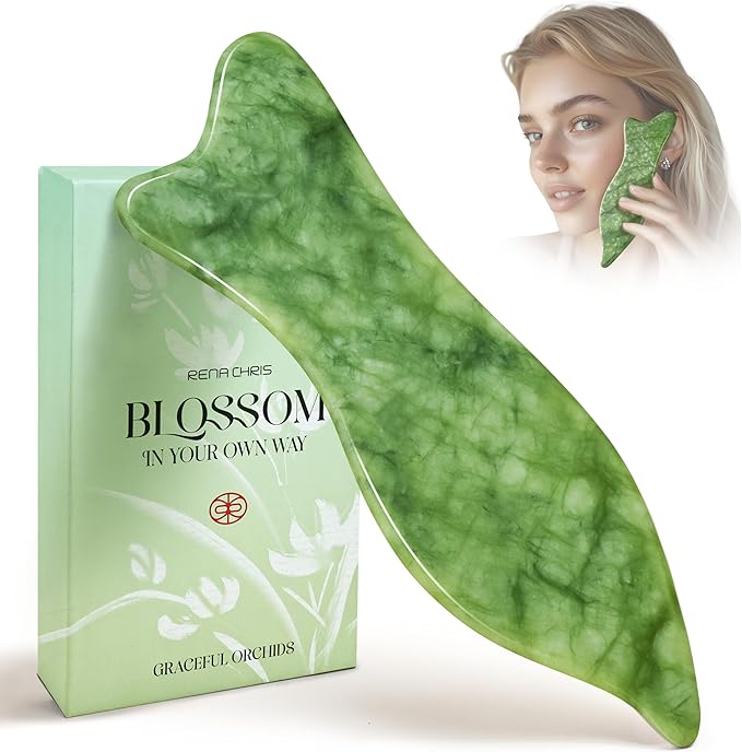 Rena Chris Natural Jade Gua Sha Facial Tools - Acupressure & Gua Sha for Face Massage, Jawline Sculpting, Puffiness Reduction, Skin Care Tool (Green)