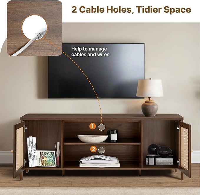 Rattan TV Stand for TVs up to 75'' Boho Entertainment Center with Adjustable Shelf Television Stand with 2 Storage Cabinets Media Console Wooden TV Cabinet for Living Room Bedroom,Walnut