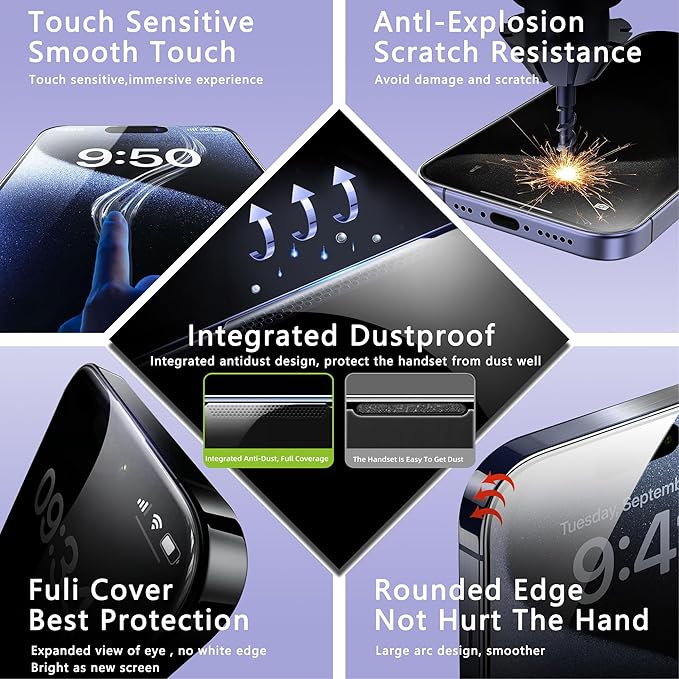 2 Pack Anti Blue Light Matte Screen Protector for iPhone 15 Pro 6.1-Inch Auto Dust Removal, No Bubbles, Tempered Glass Film, Easy Installation