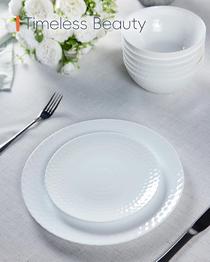 10.5 inch Dinner Plate Set of 6, Light and Durable Opal Glass Geometric Faceted White Dinnerware Plates, Dishwasher and Microwave Safe