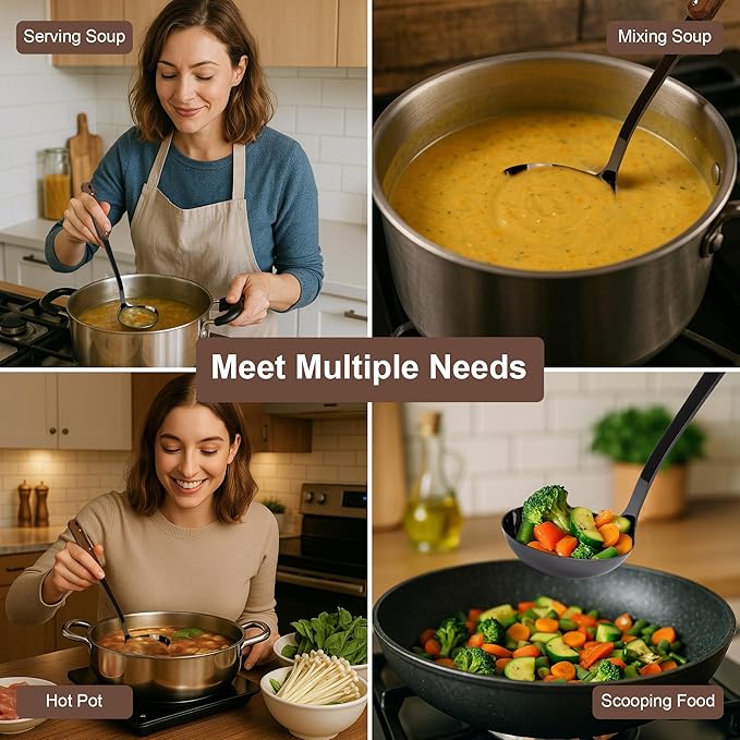 FJNATINH Soup Ladle, 304 Stainless Steel Ladle Spoon for Serving Wok Soup with Ergonomic Heat-proof Wooden Handle, [Heat Resistance, Integral Forming]