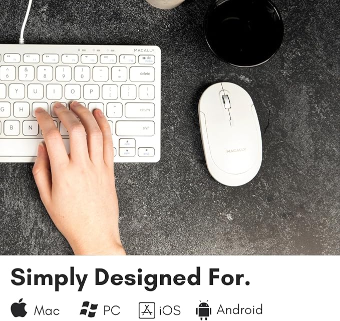 Macally Wireless Bluetooth Mouse for Mac, MacBook Pro/Air, iPad, and PC - Quiet Click and Comfortable Compatible Apple Wireless Mouse - White