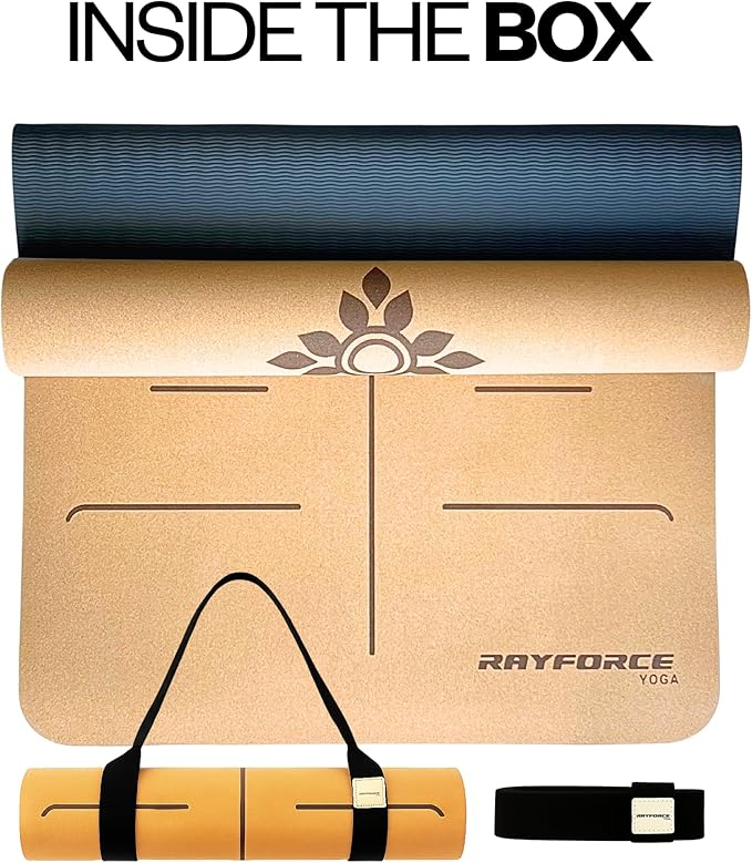 Yoga Mat - Premium Cork & Rubber - Eco-Friendly Non-Slip, Sweat Resistant Mat with Alignment Lines, 6mm Thick for Joint Support - 6mm, Durable & Planet-Friendly Design, 72x26in