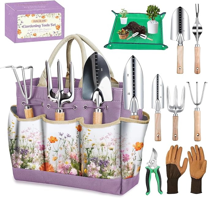 Gardening Tools Set 9-Piece Heavy-Duty Gardening Gifts for Women Mom Wife Gardening Hand Tools with Purple Floral Tote Bag and Repotting Mat, halilus Stainless Steel Garden Supplies Kit