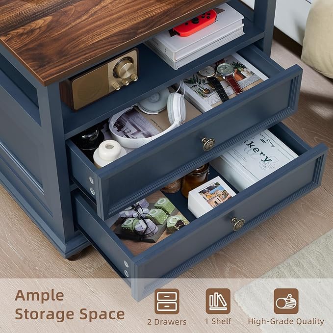 24" Wide Farmhouse Night Stand,Large End Table with 2 Drawers & Metal Handle,Wood Dresser for Bedroom, Blue Bed Side Table Chest of Drawers Cabinet,Nightstand for Living Room,Closet