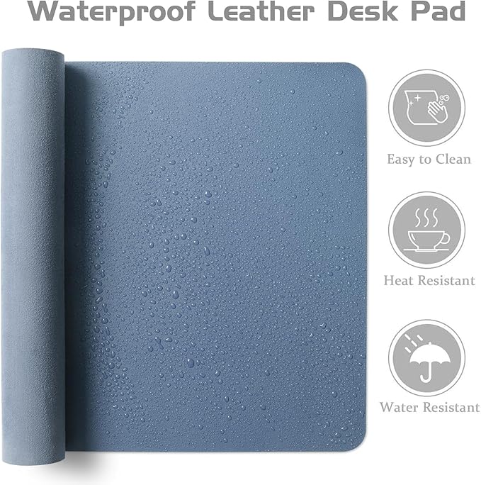 Aothia Leather Desk Pad Protector - Large Mouse Pad, Office Mat, Non-Slip PU Leather Blotter, Laptop Desk Pad, Waterproof Writing Pad for Office and Home (Denim Blue, 38" x 13.7")