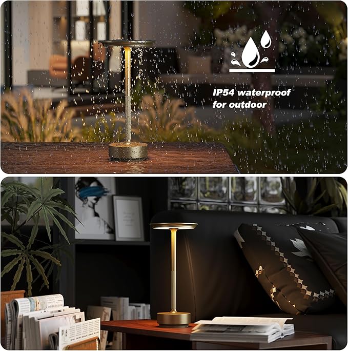 2 Pack Rechargeable Cordless Table Lamps, Portable 5000mAh Battery Table Light, 3 Color Stepless Dimming LED Table Light with Memory Function, for Outdoor/Dinner/Patio/Restaurant.(Gold)