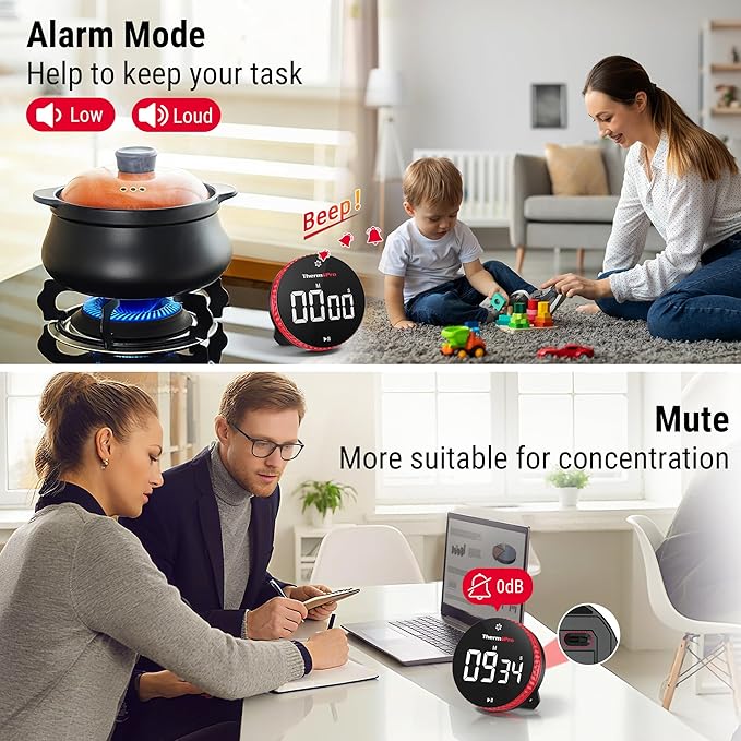 ThermoPro 99-Hour Digital Kitchen Timer with Strong Magnetic & Stable Stand, Classroom Timers with 3-Volume-Level, Stopwatch/Timer with Large LED Display, Digital Timers for Classroom, Office & Gym