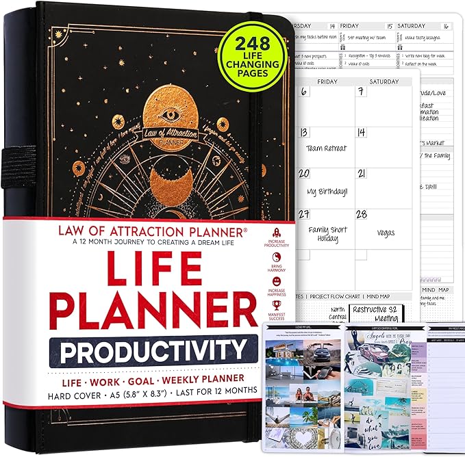 Life Planner - Undated Weekly & Monthly Planner, 12-Month Journey to Increase Productivity | Gratitude Journal, Life Organizer & Goal Journal | Include Foldable Vision Board, Habit Tracker & Stickers