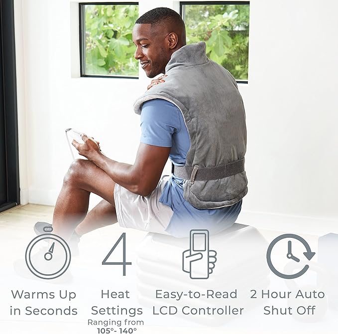 Pure Enrichment PureRelief XL Extra-Long Back & Neck Heating Pad, Safe Heat Therapy for Sore Muscles, Pain, & Cramps in Neck, Back, & Shoulders, 4 Heat Settings w/Auto Shut-Off, Soft Fabric (Gray)