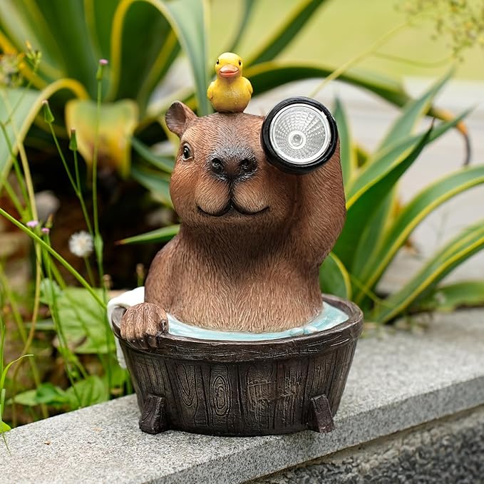 Capybara Solar Garden Statue – Funny Outdoor Resin Animal Decor with Flashlight & Duck – Waterproof Yard Lawn Ornament with LED Light – Solar Powered Figurine for Patio, Porch, Landscape