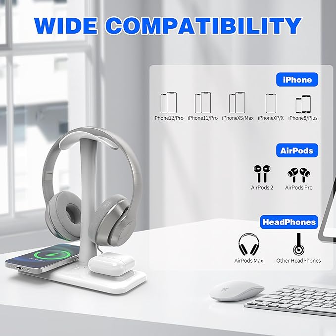 5 in 1 Headphone Stand with 15w Wireless Charger, Fast Wireless Charging Station Headset Holder for iPhone 15/14/13/12/11/XS/XR/X, Air Pods 3/2/Pro/2, Desk Gaming Headset Holder (White)